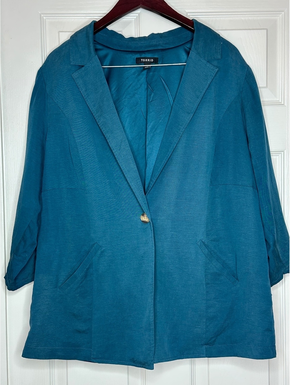 Torrid Studio Linen Single-Breasted Blazer Tunic - Teal Green Size 1 / 1X